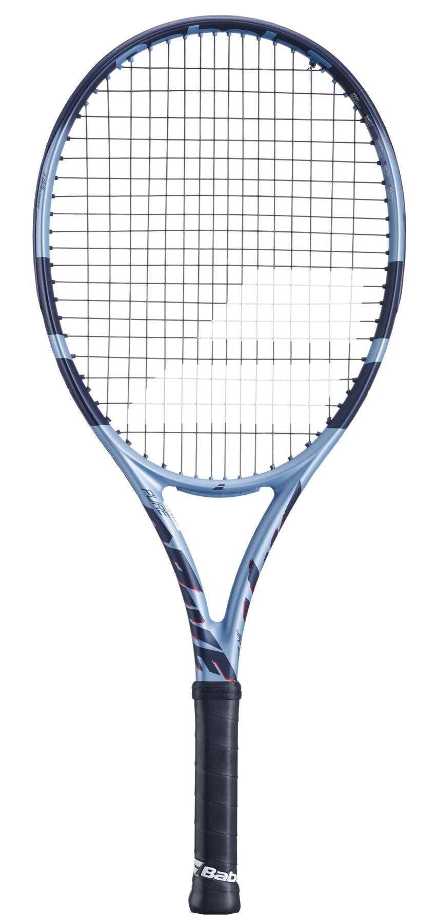 The Babolat Pure Drive Junior 26 Gen 11 Tennis Racket - Dark Blue features a blue frame with a black handle, a unique side pattern, and strings forming a grid on the head with the prominent Babolat logo.