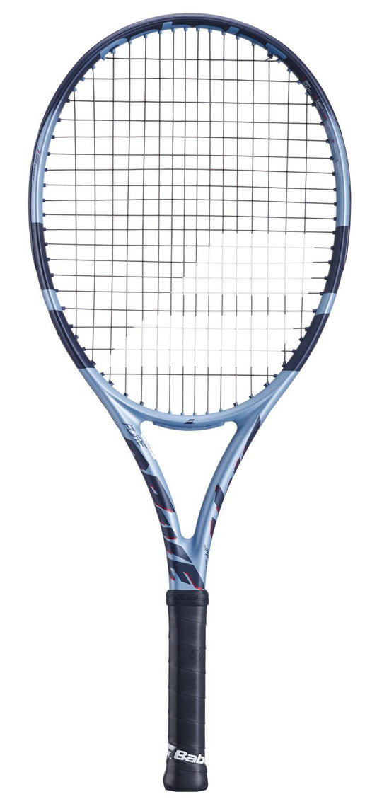 The Babolat Pure Drive Junior 26 Gen 11 Tennis Racket - Dark Blue features a blue frame with a black handle, a unique side pattern, and strings forming a grid on the head with the prominent Babolat logo.