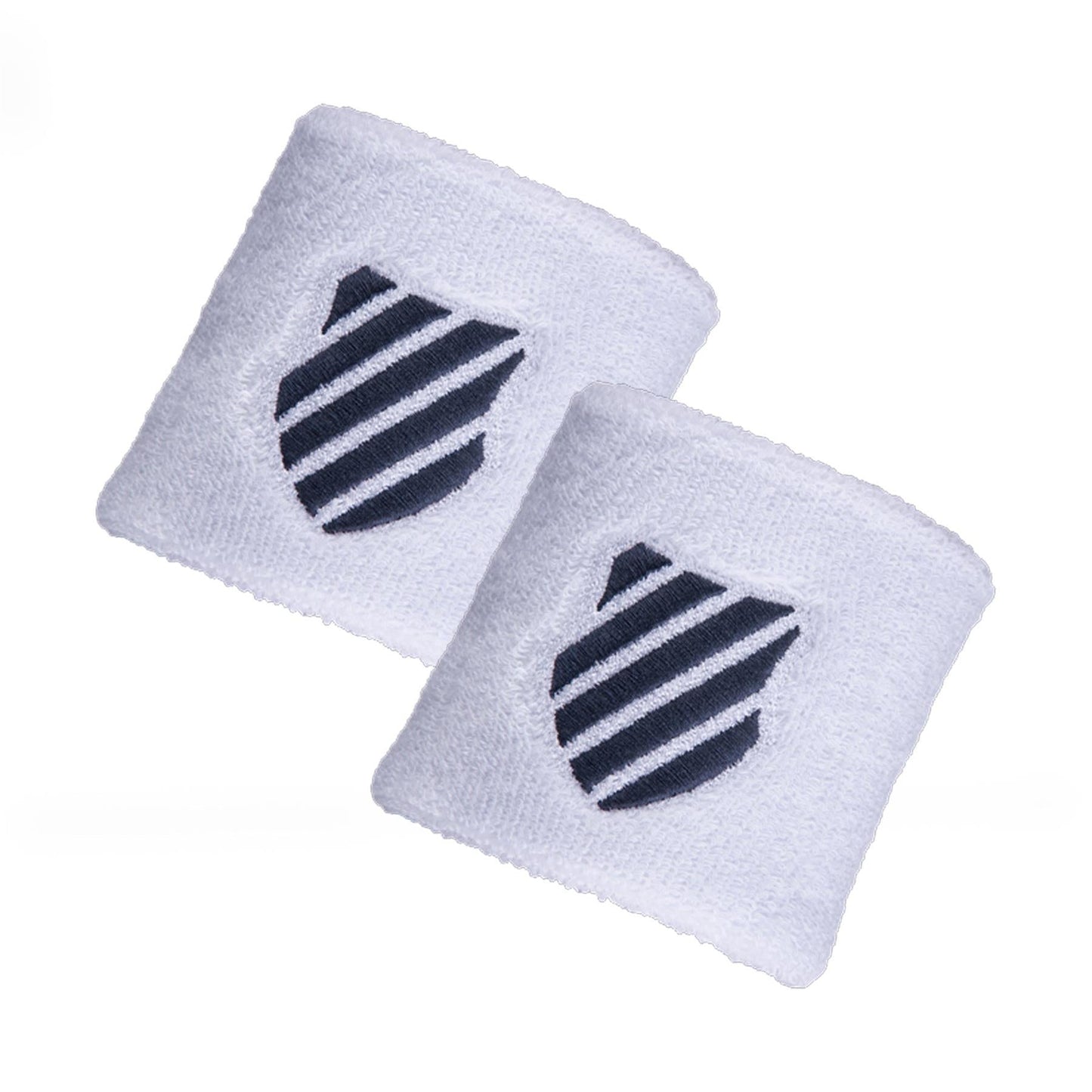 The image displays two white K-Swiss Wristbands in Brunner Blue, adorned with a shield and stripe design, set against a white background. These moisture-absorbing sweatbands provide both style and functionality for any athletic activity.