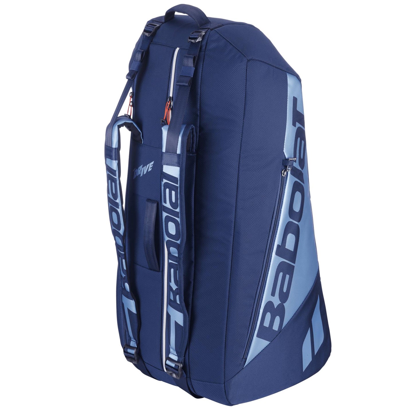 The Babolat RH6 Pure Drive Gen11 6 Racket Tennis Bag in navy blue features "Babolat" in light blue on the side. It includes multiple compartments, adjustable straps, and stands upright to highlight its spacious design and large capacity.