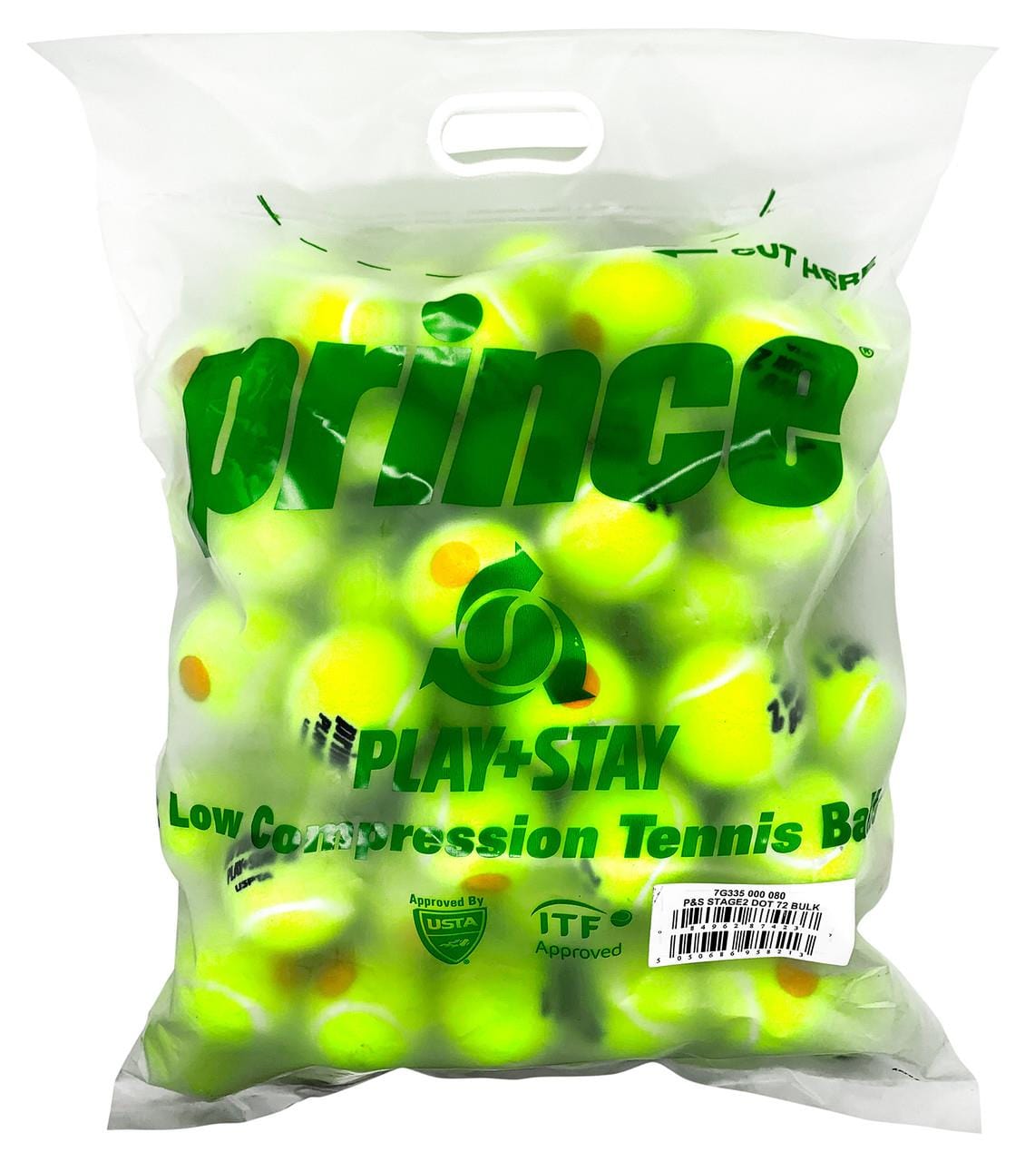 In a clear plastic bag, there are numerous yellow and orange Prince Play & Stay Stage 2 Tennis Balls, crafted for lower compression. The bag is marked with green text stating "Prince Play & Stay" and "Low Compression Tennis Balls," along with approval logos from USTA and ITF.