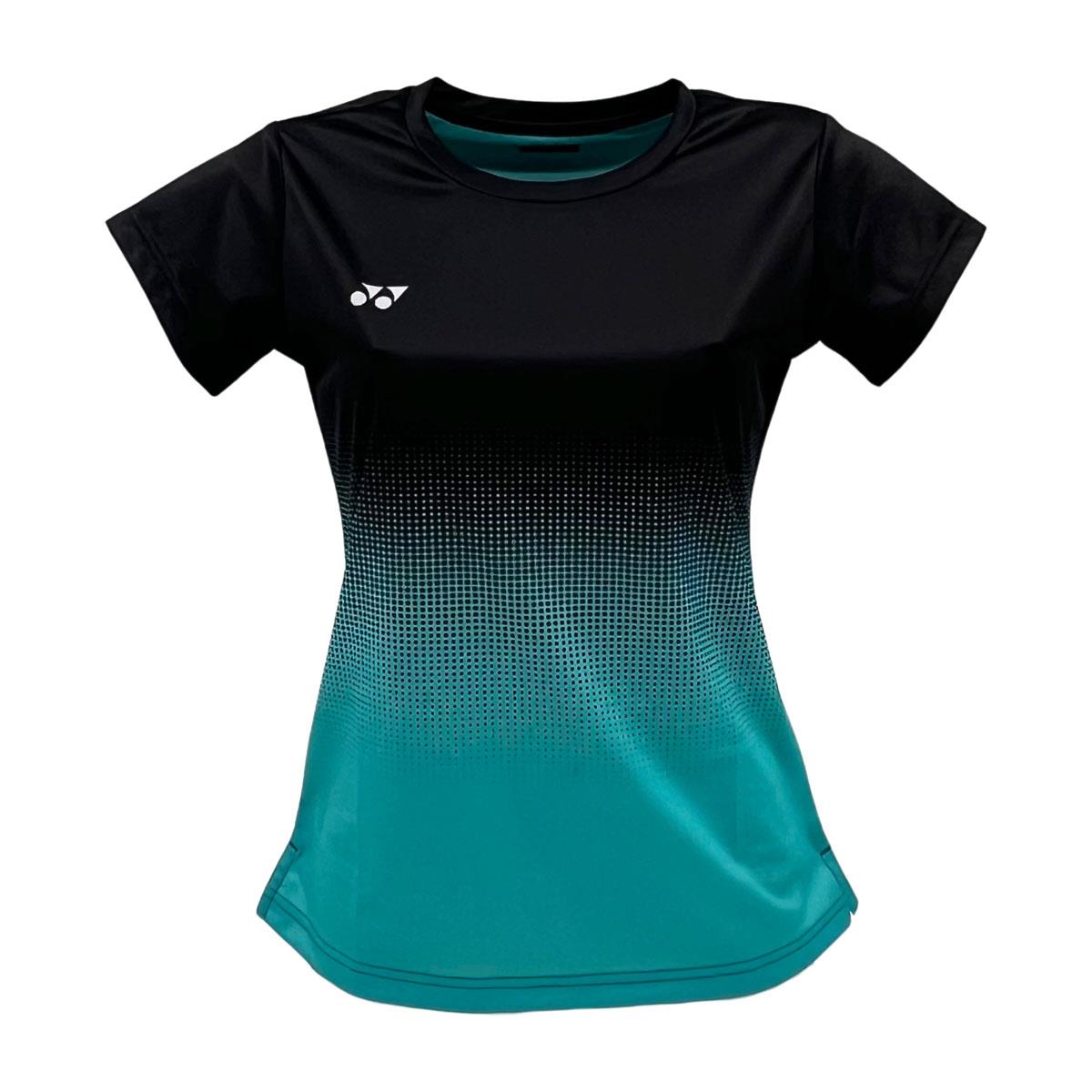 The Yonex YTL5 Women's Tennis T-Shirt in turquoise and black features short sleeves, a teal bottom with a digital dot gradient, and a small white logo on the right chest. Made from moisture-wicking polyester, it incorporates advanced fabric technology for optimal performance.