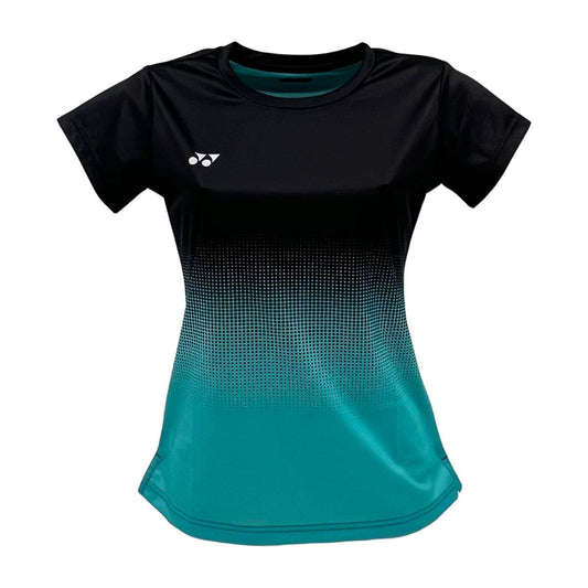 The Yonex YTL5 Women's Tennis T-Shirt in turquoise and black features short sleeves, a teal bottom with a digital dot gradient, and a small white logo on the right chest. Made from moisture-wicking polyester, it incorporates advanced fabric technology for optimal performance.