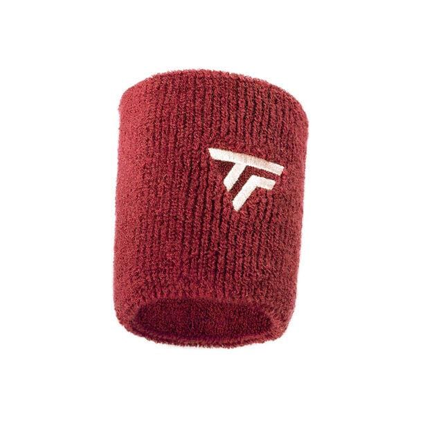 The Tecnifibre Tennis Wristband Sweatband XL - Cardinal is a red sweatband with a white logo featuring the intertwined letters "T" and "F." Its textured, stretchy fabric makes it an absorbent wristband ideal for intense matches.