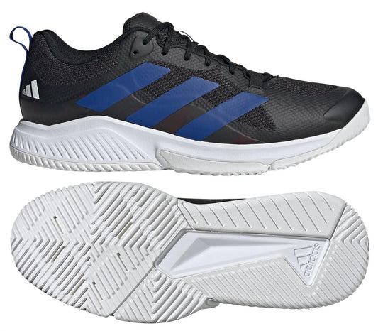 The adidas ADIDAS Court Team Bounce 2.0 Men's Tennis Shoes in Black/Blue feature a lace-up design, durable reinforced mesh upper, blue stripes, and a textured white sole. Ideal for indoor courts with bounce cushioning and tread pattern for grip.