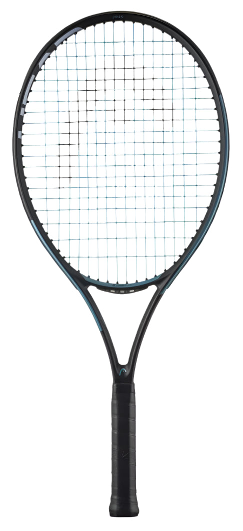 The HEAD IG Gravity Junior 25 2025 Tennis Racket features a sleek black design with blue accents and a dark grip, highlighted by crisscrossed strings. Crafted from lightweight graphite composite, it is displayed against a plain white background.