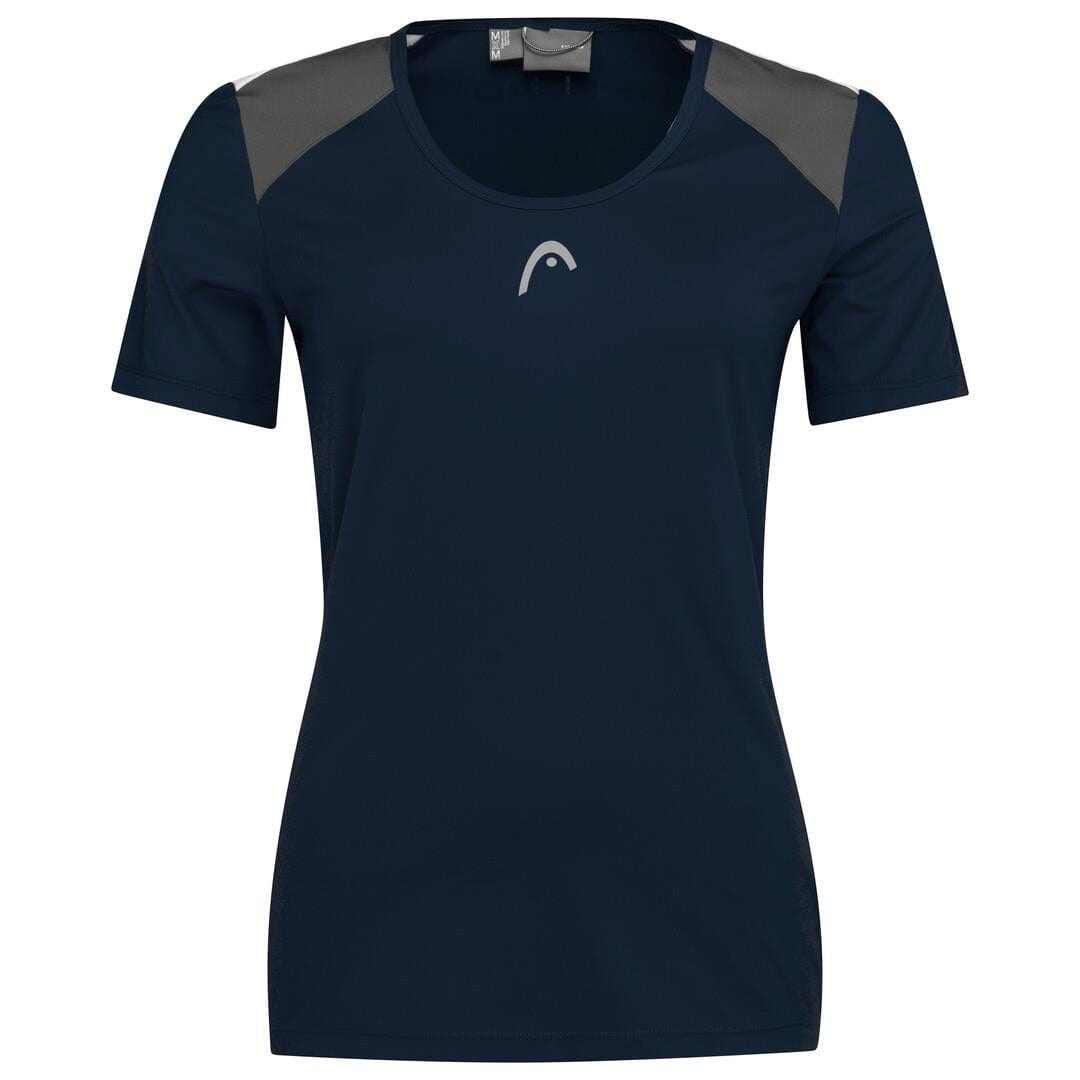 The HEAD Women's Club Tech 22 Tennis T-Shirt in dark blue incorporates advanced MXM Technology and features stylish grey accents for optimal performance.