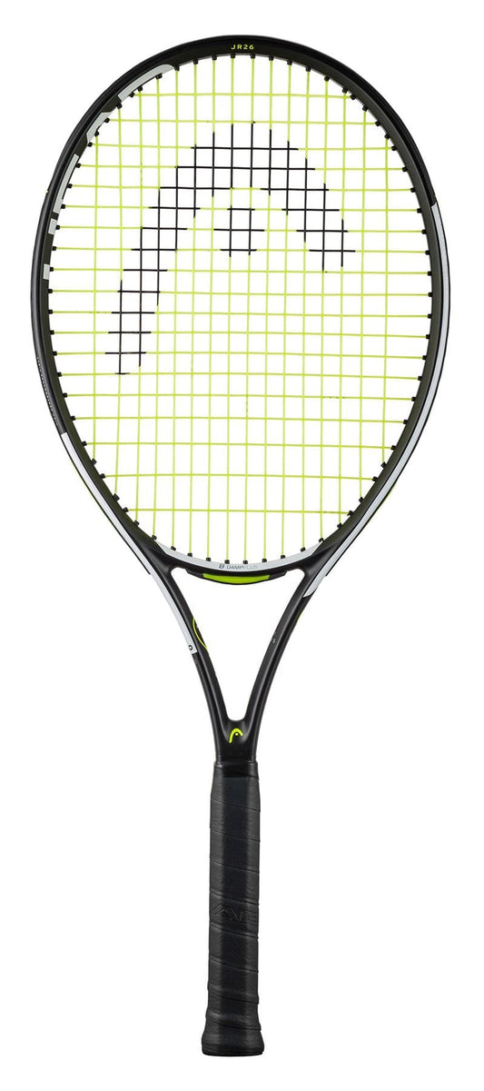 The HEAD IG Speed Junior 26 2024 Tennis Racket - Black by HEAD showcases a sleek black frame made from lightweight graphite composite. The strings display an eye-catching white and lime green pattern featuring the brand logo, and the handle is wrapped in comfortable black grip tape for improved playability.