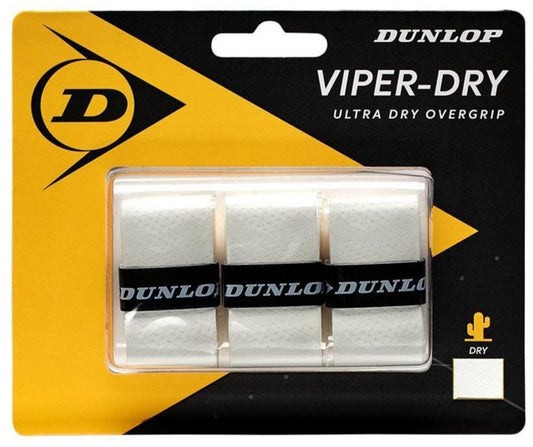 The Dunlop Viper-Dry Tennis Overgrip - 3 Pack - White is packaged with three white grips known for their extreme durability. Set against a bold black and yellow background, the packaging prominently displays the Dunlop logo alongside a small cactus icon, representing its superior perspiration absorption capabilities.