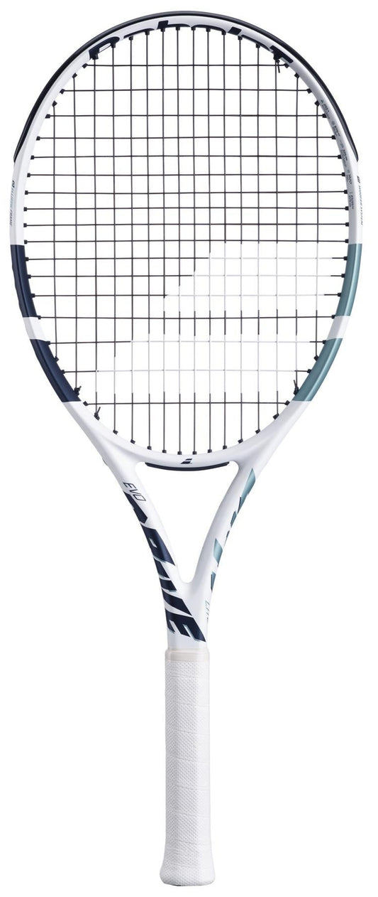 Introducing the Babolat EVO Drive Lite Gen 2 Tennis Racket in white, featuring a refined string pattern and an Air Handle Touch grip wrapped in white tape for enhanced playability.