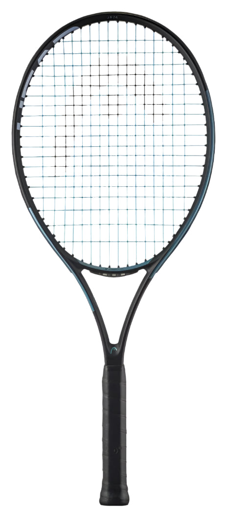 The HEAD IG Gravity Junior 26 2025 Tennis Racket by HEAD, made of lightweight graphite composite, showcases a sleek black frame, vibrant blue strings, and a textured grip, elegantly displayed upright against a plain white background.