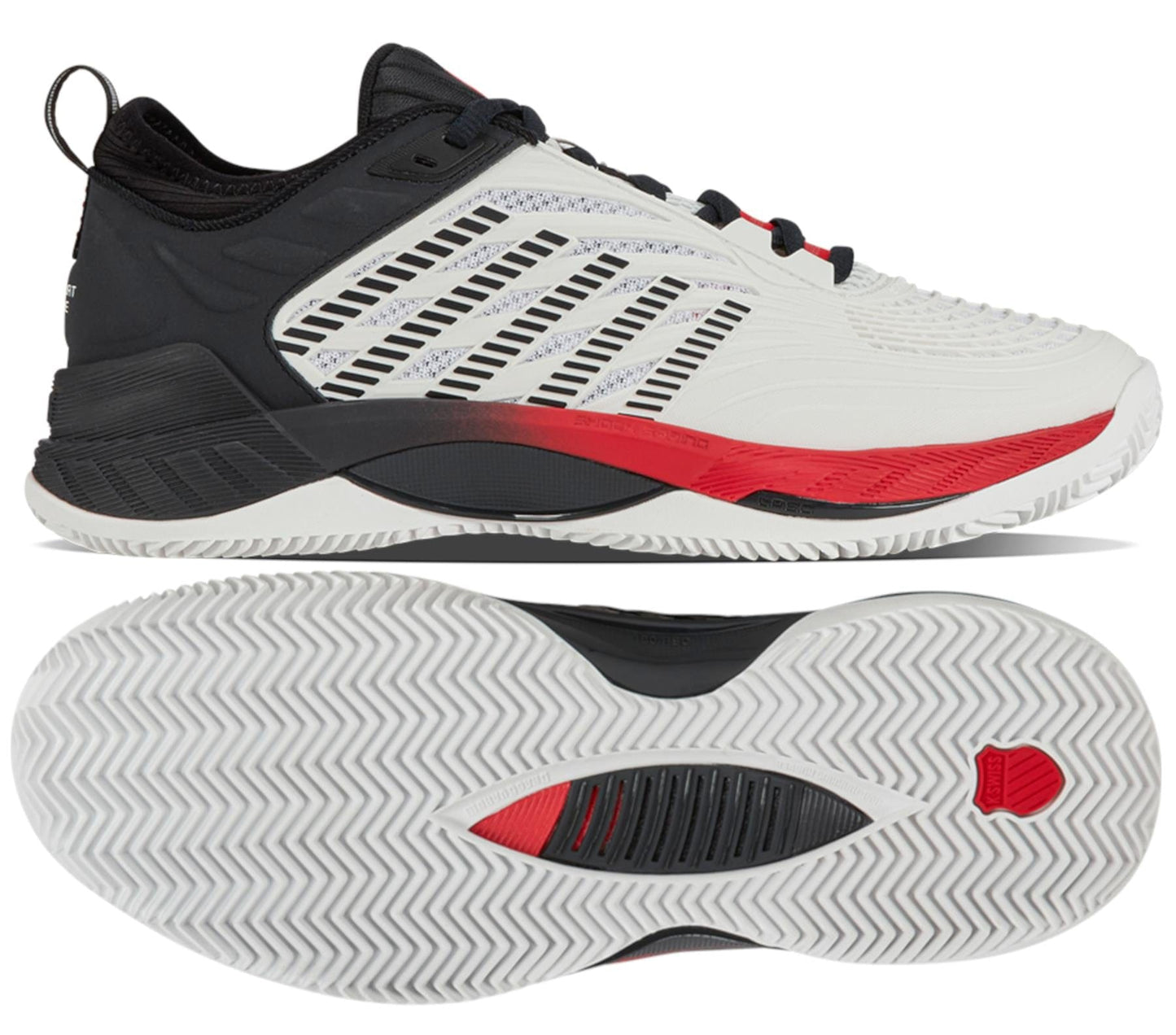 The K-Swiss Hypercourt Supreme 2 Men's Tennis Shoes feature a black upper, white mesh sides with black stripes, and red accents. The shoe also includes a mostly white sole complemented by a bold midsole design in black and red, along with an outsole that showcases the Durawrap X-enhanced herringbone tread pattern.