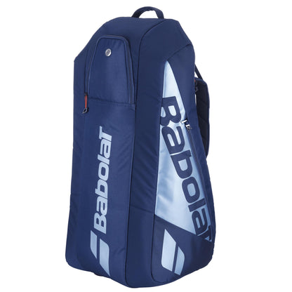 The Navy Blue Babolat RH6 Pure Drive Gen11 6 Racket Tennis Bag features a zippered compartment and shoulder straps. With large capacity and the bold Babolat logo, it's perfect for stylishly carrying your gear.