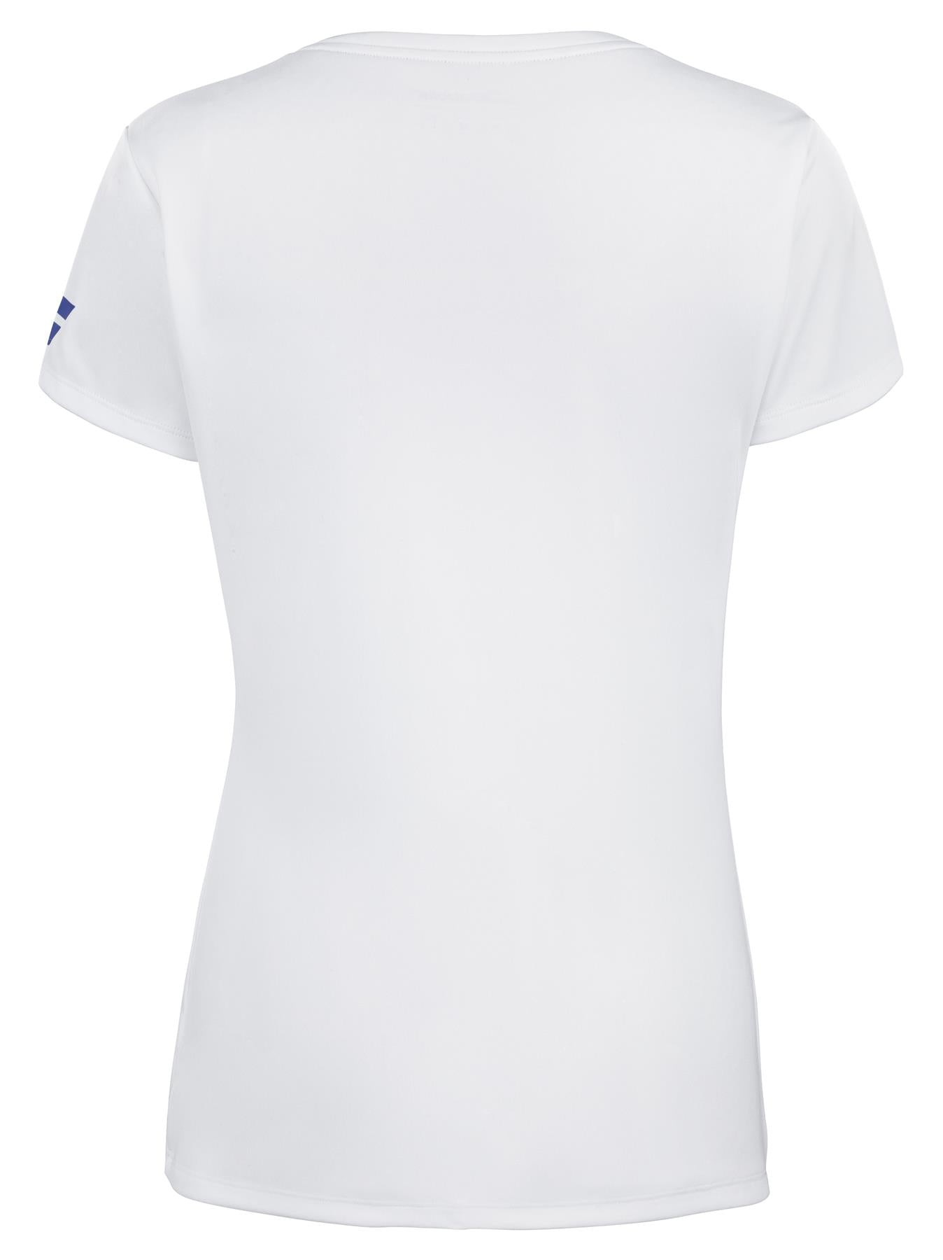 Back view of the Babolat Play Women's Tennis Cap Sleeve Top in white, highlighting its simple design. This top offers a slightly fitted silhouette with a smooth texture and minimal detailing, including a subtle blue accent on one sleeve. It incorporates Fiber Dry technology for enhanced comfort.