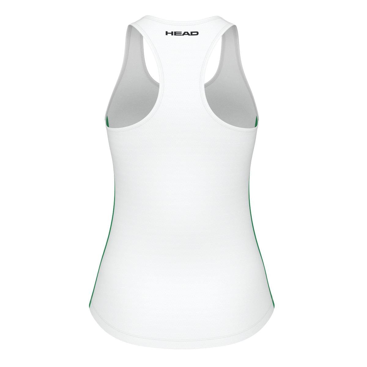 Discover the HEAD Spirit Women's Tennis Tank Top in white, designed by HEAD with a stylish racerback design and advanced MXM technology for improved performance. Subtle green accents enhance the "HEAD" print near the neckline, seamlessly blending style and functionality.