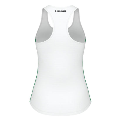 Discover the HEAD Spirit Women's Tennis Tank Top in white, designed by HEAD with a stylish racerback design and advanced MXM technology for improved performance. Subtle green accents enhance the "HEAD" print near the neckline, seamlessly blending style and functionality.