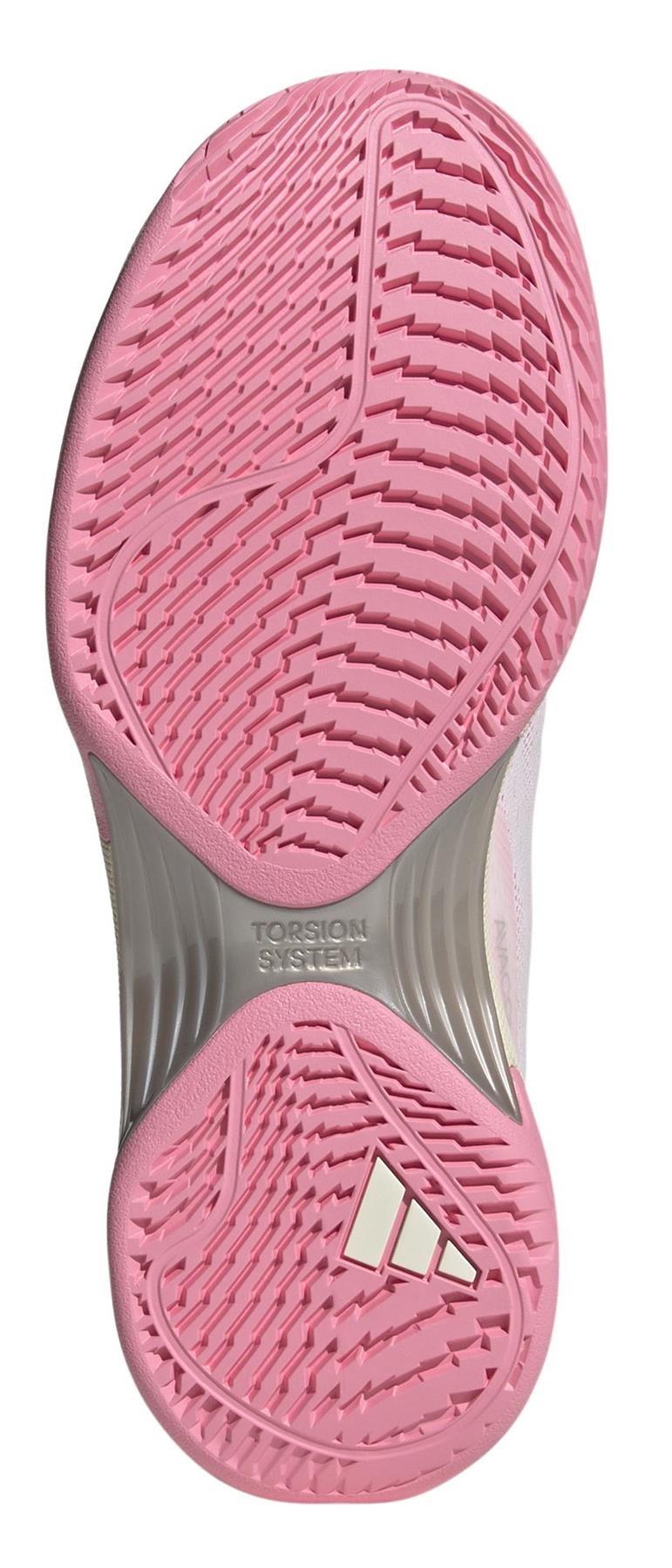 The ADIDAS Avacourt 2 Women's Tennis Shoes showcase a textured pink sole with a logo on the heel and "TORSION SYSTEM" near the arch. Made with recycled materials, this eco-friendly design offers grooves for traction and flexibility.