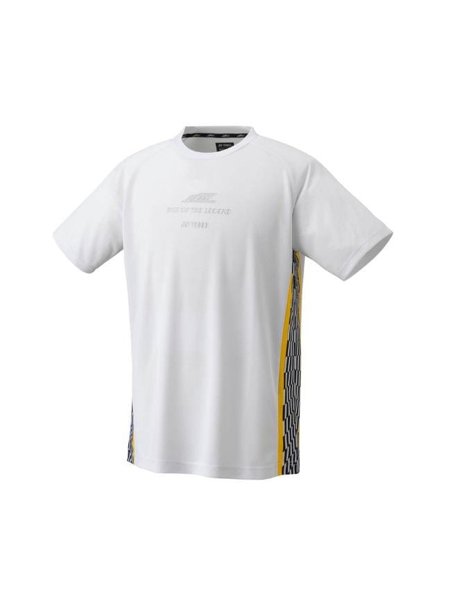 Yonex 16738EX Lee Chong Wei LCW T-Shirt in white, showcasing subtle text on the chest and yellow and black patterned side panels. It features a simple round neckline and short sleeves, offering UV Reduction for enhanced protection.