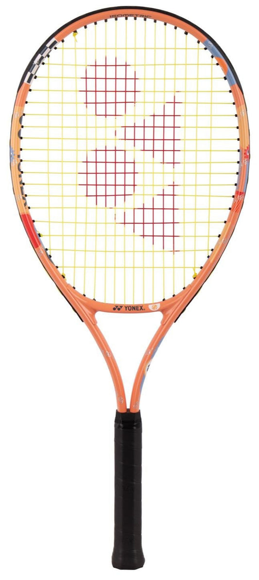 The Yonex Junior 25 Tennis Racket - Coral Orange features a black handle, an orange frame, and white strings with a central red logo, making it ideal for junior players.