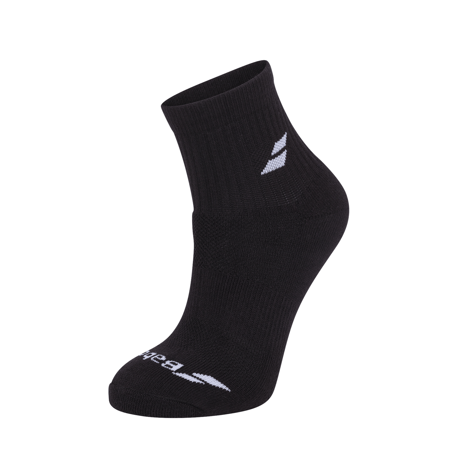 A single Babolat Quarter Sock from the 3 pack, recognized for its comfort and breathability, showcases a white logo and design along the side, standing upright against a plain white background.