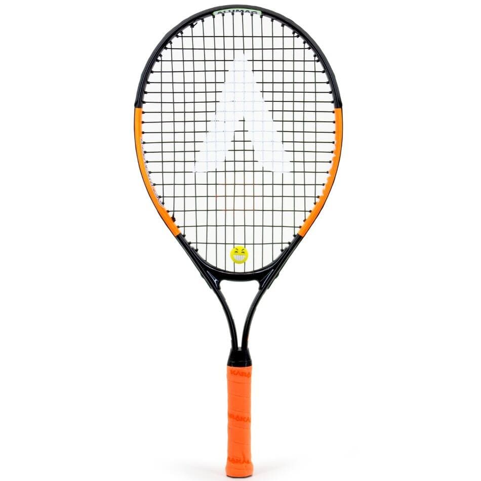 The Karakal Flash 23 Junior Tennis Racket from the brand Karakal showcases a black frame with vibrant orange accents and an eye-catching orange handle. Made from 7050 Alumag Alloy, it features strings that create a pattern with a white triangle logo near the center, seamlessly combining performance and style for young enthusiasts.