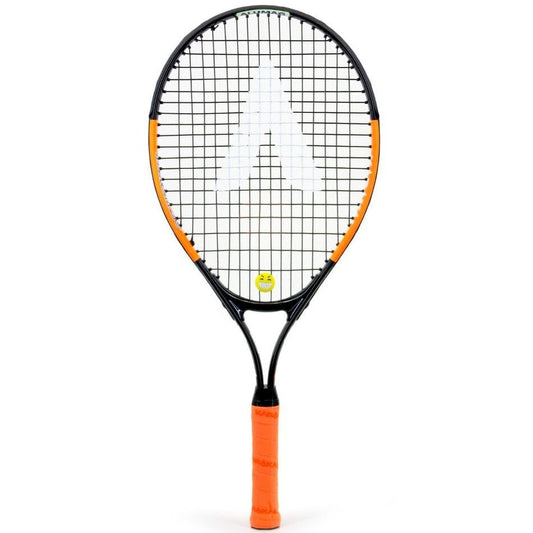 The Karakal Flash 23 Junior Tennis Racket from the brand Karakal showcases a black frame with vibrant orange accents and an eye-catching orange handle. Made from 7050 Alumag Alloy, it features strings that create a pattern with a white triangle logo near the center, seamlessly combining performance and style for young enthusiasts.