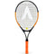 The Karakal Flash 23 Junior Tennis Racket from the brand Karakal showcases a black frame with vibrant orange accents and an eye-catching orange handle. Made from 7050 Alumag Alloy, it features strings that create a pattern with a white triangle logo near the center, seamlessly combining performance and style for young enthusiasts.