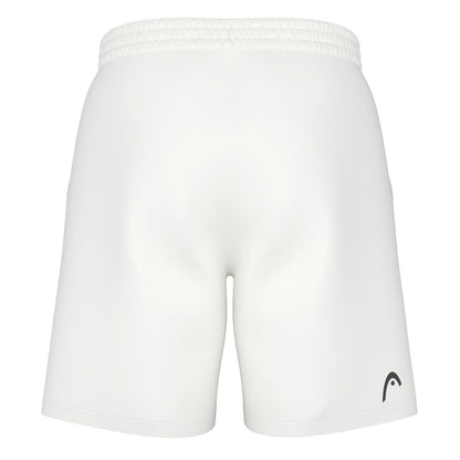 These HEAD Vision Power Men's Tennis Shorts in white showcase a sporty design with an elastic waistband, offering a back view. The shorts feature a small black stylized HEAD logo on the lower right side and are crafted from smooth, slightly glossy fabric for ease of movement.