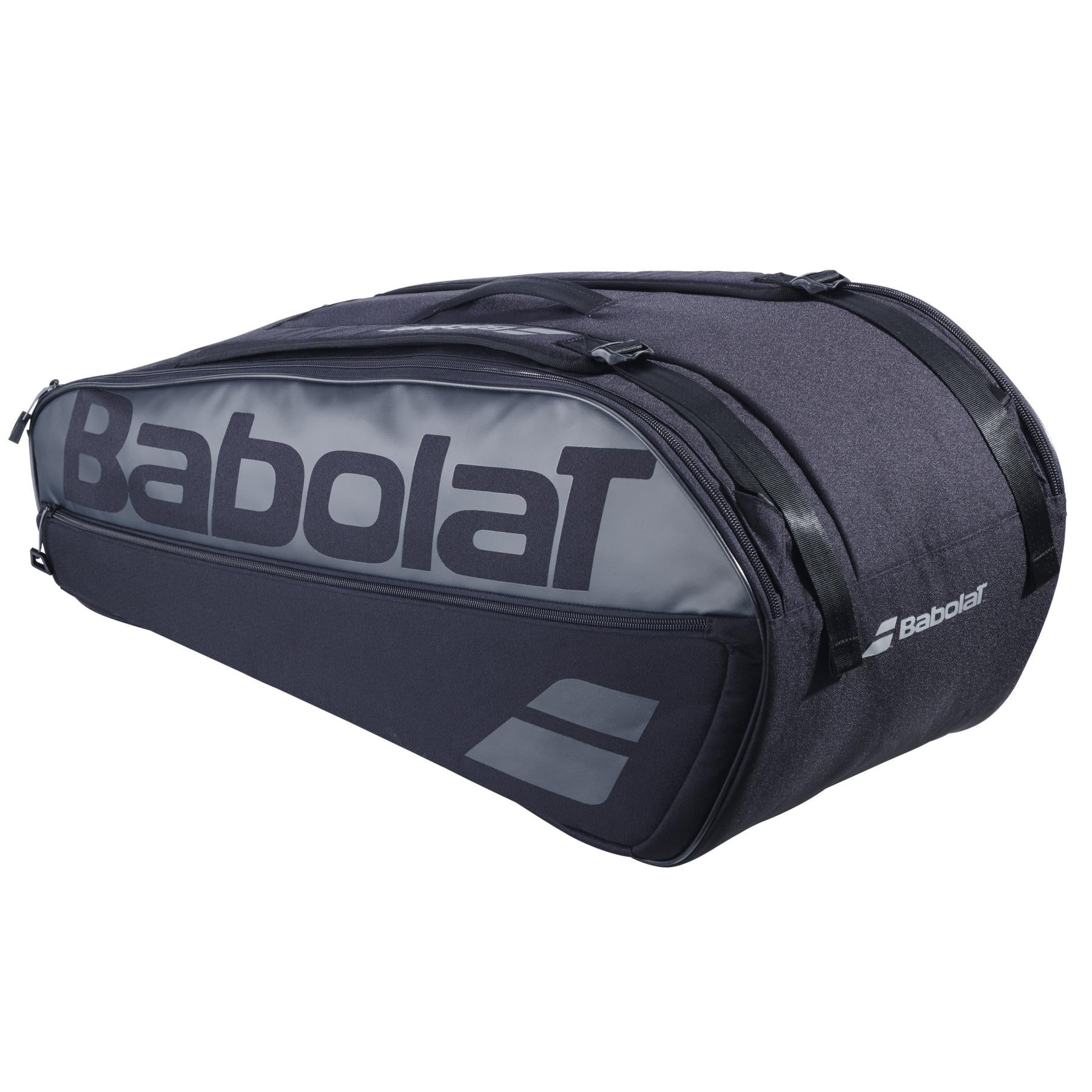 The Babolat Court L 9 Racket Tennis Bag in black, featuring the brand logo, offers a 65-liter capacity for multiple rackets. Crafted from recycled PET, it includes zippers and a handle for easy transport.