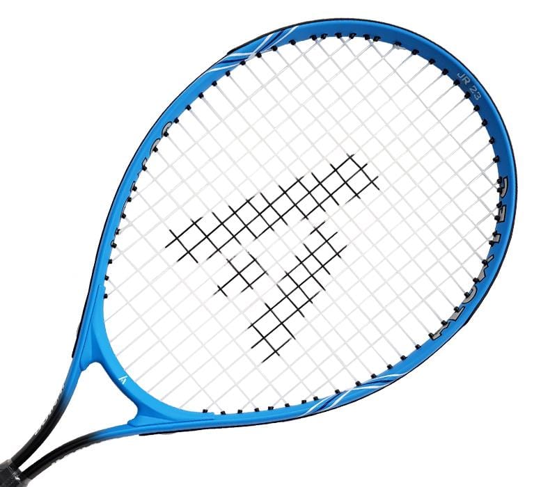 The Ashaway 23 Junior Tennis Racket - Blue showcases a black and white string pattern with the brand logo at its center. Its sleek aluminum frame is adorned with black accents, offering a slightly visible handle, making it ideal for children's tennis equipment.