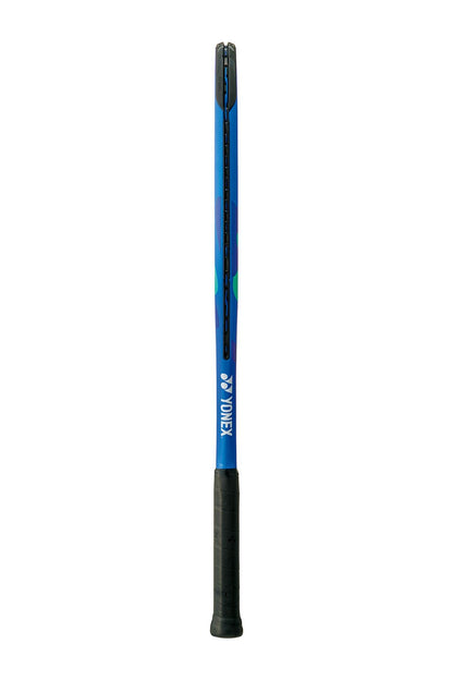 A Yonex EZONE Play 2025 Tennis Racket in Blast Blue, featuring a black grip and sleek modern shaft with the "Yonex" logo, stands upright against a plain white background. It includes advanced ISOMETRIC technology, distinguishing it in the Yonex racket range.