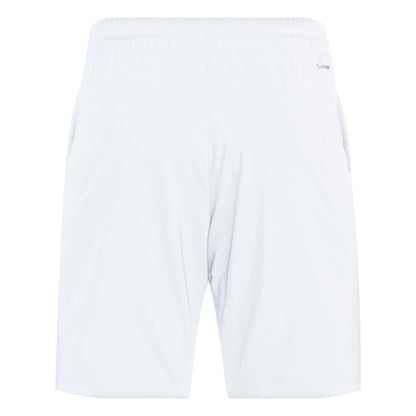 The ADIDAS Mens 3 Stripe Tennis Shorts - White feature an elastic waistband, side pockets, and are made from recycled materials. With adidas Club technology, these shorts deliver superior moisture-wicking performance for ultimate comfort. Photographed from the back.