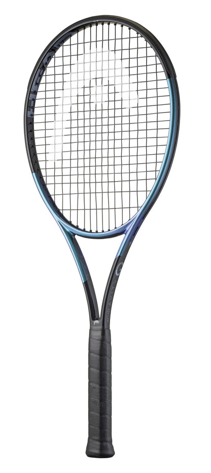 Introducing the HEAD Gravity MP 2025 Tennis Racket - Black, featuring a black and blue frame with a massive sweetspot. The black strings and grip provide precision, while the visible HEAD branding adds professionalism. Experience advanced performance with Auxetic 2.0 technology.