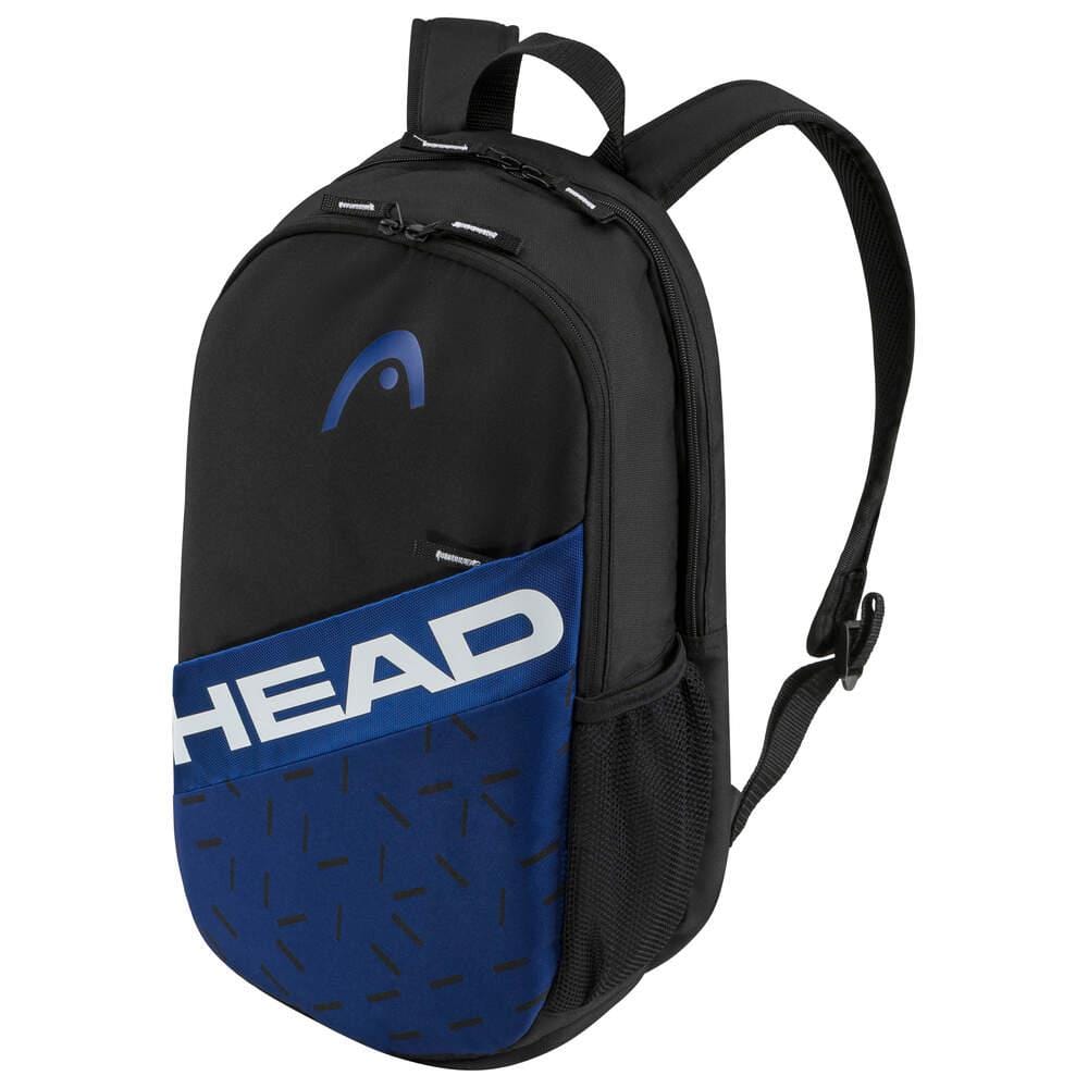 The HEAD Team 21L Tennis Backpack - BLBK showcases a sleek black and blue style with a zippered front pocket and a subtle logo. The bottom section is adorned with a geometric pattern, along with the "HEAD" branding in white. It includes adjustable shoulder straps, a side mesh pocket, and a padded compartment for extra convenience.