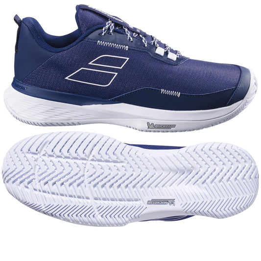 The Babolat SFX EVO All Court 2025 Men's Tennis Shoes in dark blue and white feature a sleek mesh design, herringbone-patterned soles with Michelin Original rubber for optimal traction, and distinctive white logo accents.