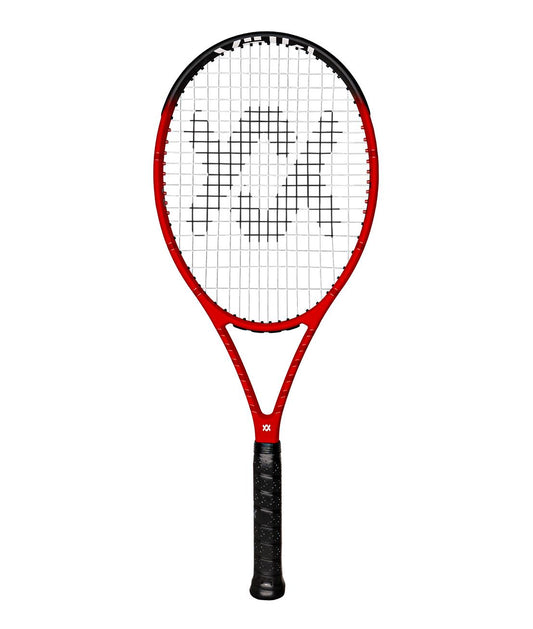 The Volkl Vostra V8 285g Tennis Racket - Red is a striking red and black racket from the Volkl brand, boasting a logo pattern woven into the strings for a sleek, modern appearance. Its Catapult Effect technology combined with a comfortable black grip handle delivers powerful performance on the court.