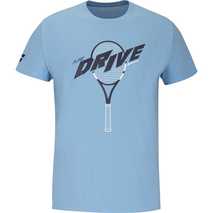 The Babolat Drive Unisex Cotton T-Shirt in blue features a bold tennis racket graphic with "DRIVE" at the top and "PURE DRIVE" above it, designed in stylish black and gray to celebrate the Babolat spirit.