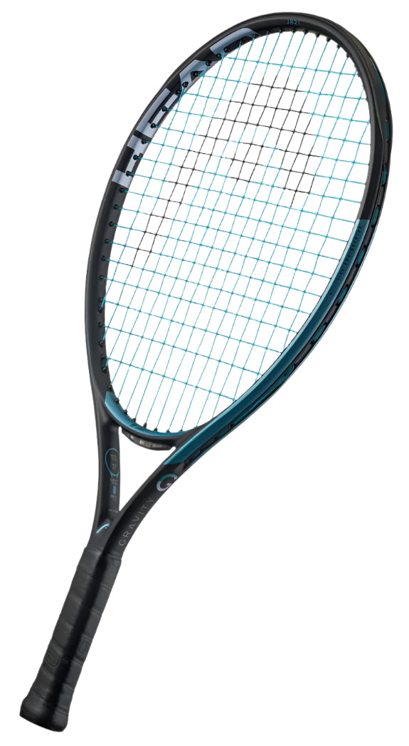 The HEAD IG Gravity Junior 23 2025 Tennis Racket is a black and turquoise wonder, showcasing a blue string pattern on a white backdrop. Made with lightweight graphite composite and Innegra™, it's perfect for young athletes aiming for excellent performance.