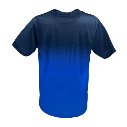 The Yonex YTM5 Men's Tennis T-Shirt in Royal/Navy showcases a dark-to-light blue gradient design. This ultra-lightweight, short-sleeved shirt is made from moisture-wicking polyester and features a crew neckline, shown in a rear view.