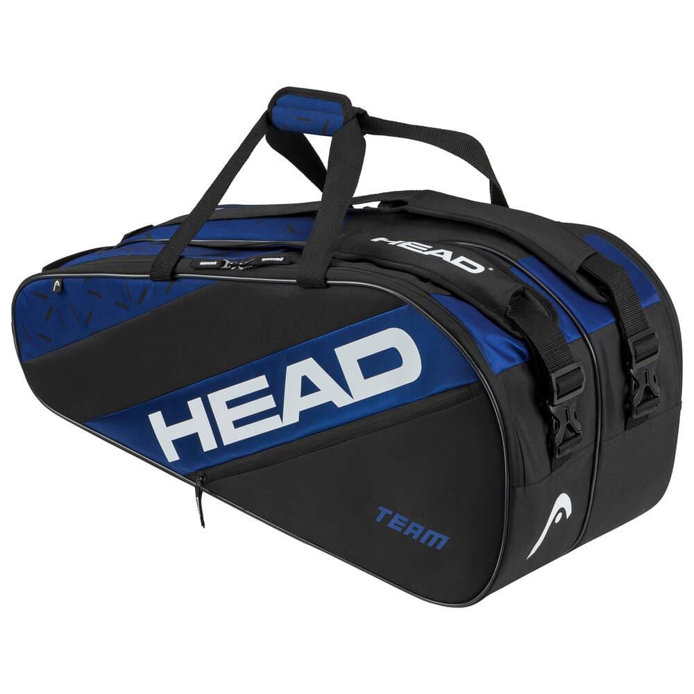 The HEAD Team 9 Tennis Racket Bag L - BLBK is a black and blue bag that prominently displays "HEAD" in white letters. Made from recycled materials, it includes multiple compartments, buckles, and a 2-way carry system for convenient transport of your tennis equipment.