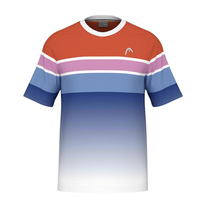 Introducing the HEAD Performance Men's Paris Tennis T-Shirt - OARO, designed with short sleeves and eye-catching horizontal color bands. Made from polyester jacquard and incorporating body mapping technology, this shirt transitions seamlessly from orange to pink, white, light blue, and a gradient of dark blue. A subtle logo near the neckline adds a touch of style to this fashionable piece.