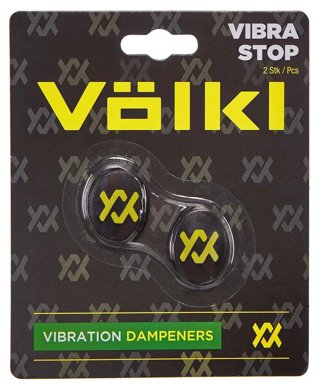 The Volkl Vibra Stop Tennis Vibration Dampener - Black, crafted by Volkl to minimize vibrations in tennis racquets, includes two black circular dampeners adorned with a yellow "V" logo. These are attractively packaged in clear plastic with an eye-catching black and yellow background.