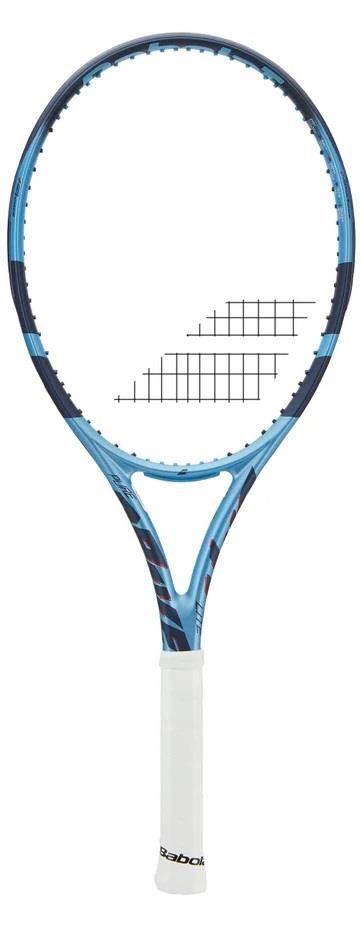 Introducing the Babolat Pure Drive Lite 2025 in blue, this tennis racket features a white grip handle and standard grid string pattern on its head, ensuring optimal swing performance.