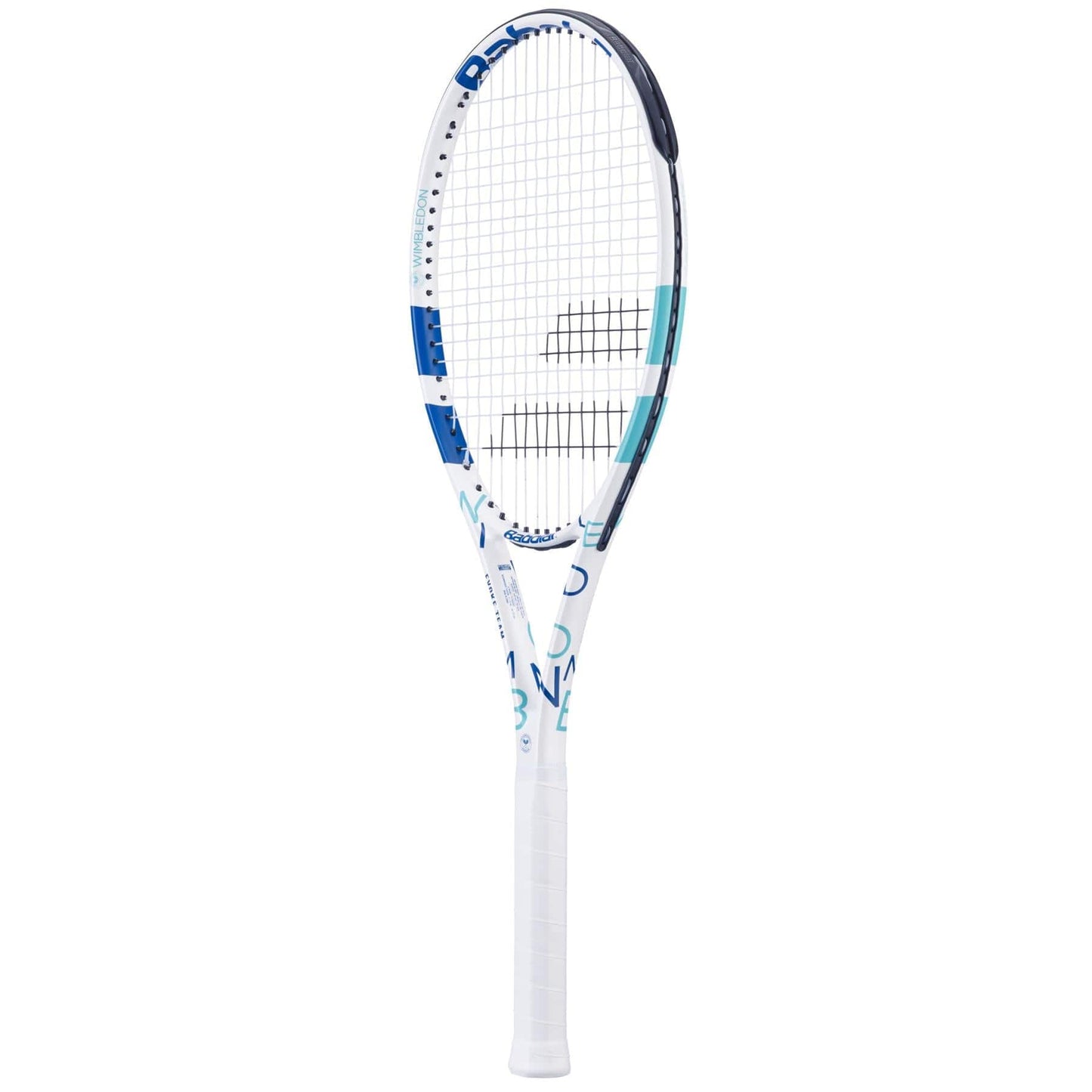 The Babolat Evoke Team Wimbledon Tennis Racket - White features stylish blue and black accents with a checkered string pattern. Ideal for beginners, its contemporary frame design and well-tensioned strings provide optimal performance, while the handle is wrapped in white grip tape for enhanced comfort.