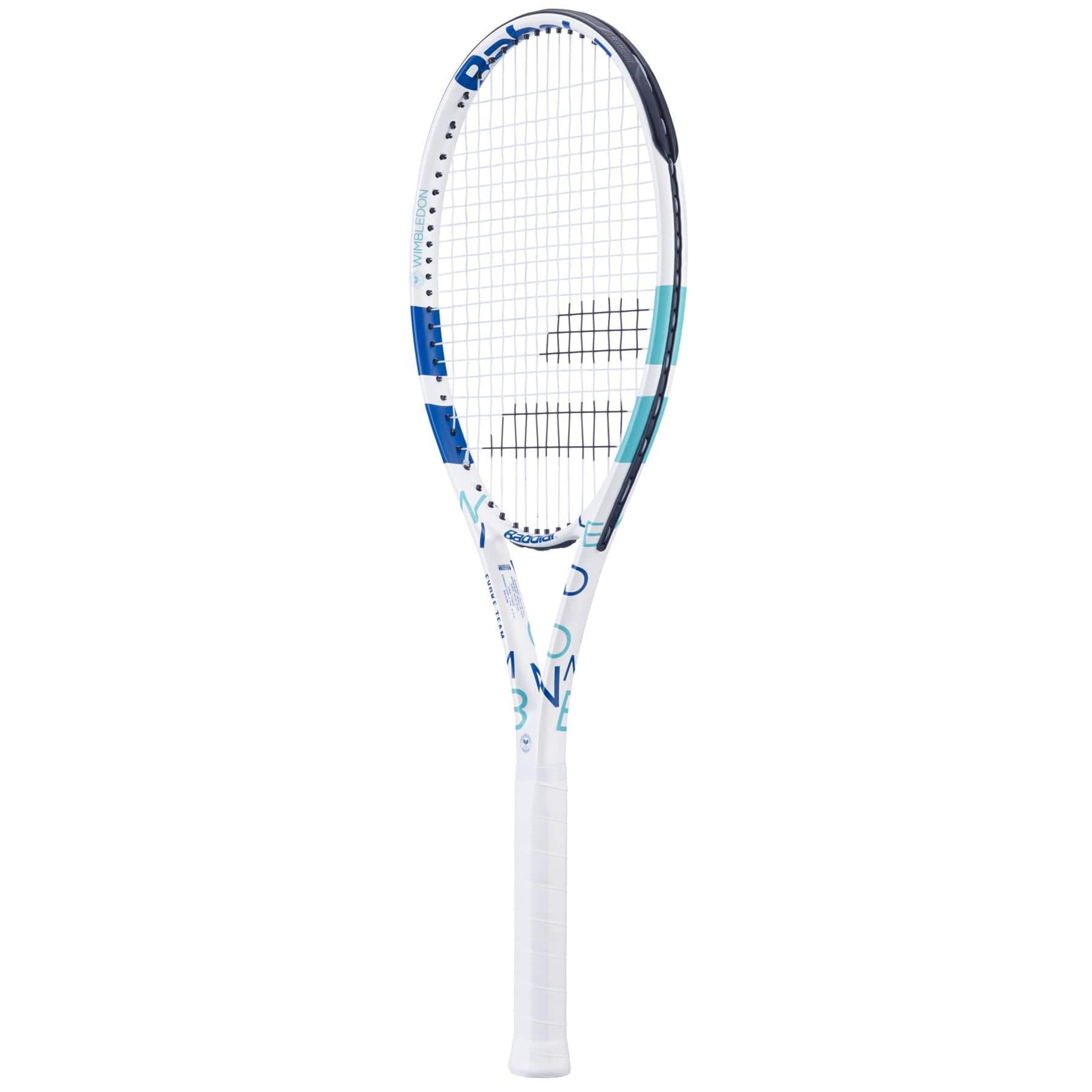 The Babolat Evoke Team Wimbledon Tennis Racket - White features stylish blue and black accents with a checkered string pattern. Ideal for beginners, its contemporary frame design and well-tensioned strings provide optimal performance, while the handle is wrapped in white grip tape for enhanced comfort.