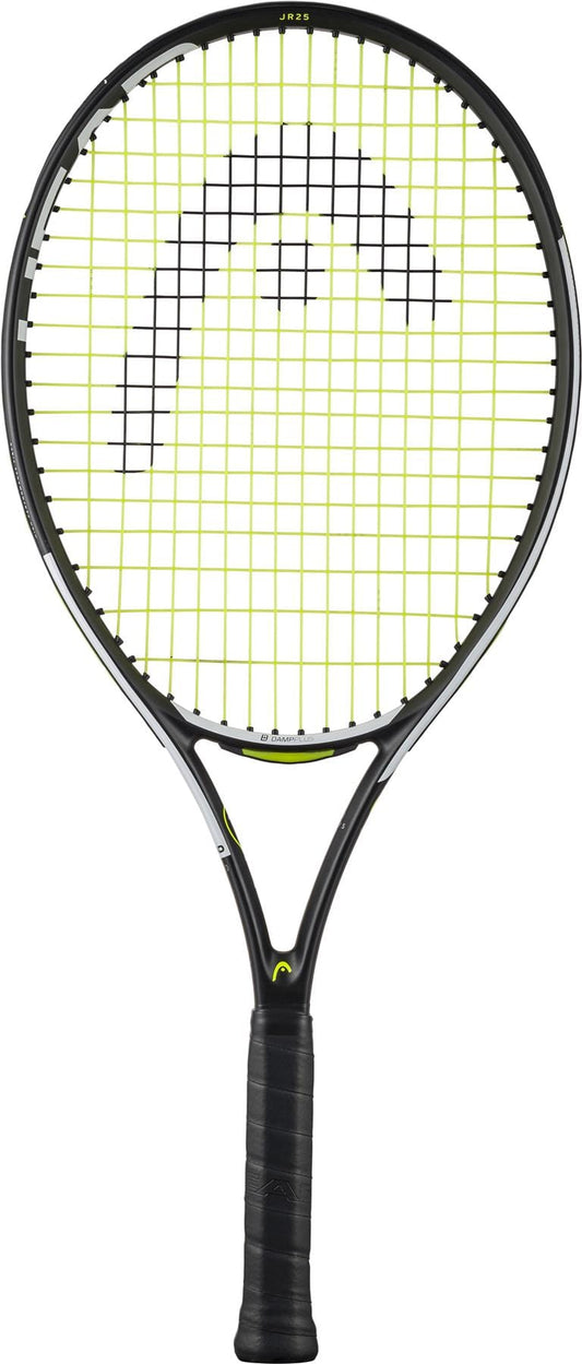 The HEAD IG Speed Junior 25 2024 Tennis Racket - Black by HEAD showcases a sleek, modern frame with black grip tape and yellow strings on its curved design. Made from lightweight graphite composite, this racket guarantees both speed and agility on the court.