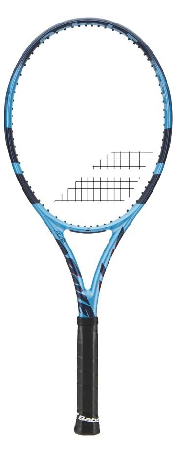 The Babolat Pure Drive 2025 Tennis Racket - Blue boasts a modern design with FSI Power technology, featuring a blue and black frame, circular head, black strings, and a grip wrapped in black tape for performance and style with every swing.