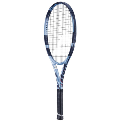 The Babolat Pure Drive Junior 26 Gen 11 Tennis Racket - Dark Blue features a blue frame with white accents and a black grip. Designed for young athletes, it has precise grid-patterned strings with the Babolat brand name prominently displayed upright against a plain white background.