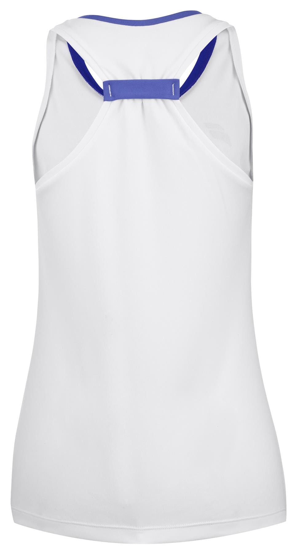 Babolat Play Women's Tennis Tank Top features a white sleeveless design with blue trim and a rectangular hook at the back, crafted for women from Fiber Dry-polyester.