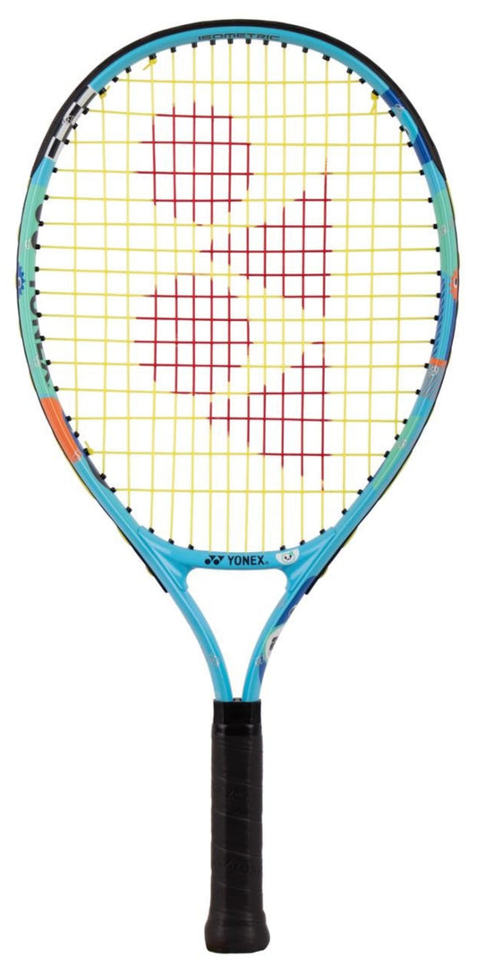 The Yonex Junior 21 Tennis Racket - Ocean Blue features a sleek aluminum frame, black grip, vibrant blue design, yellow strings, and a red logo pattern—ideal for beginners.